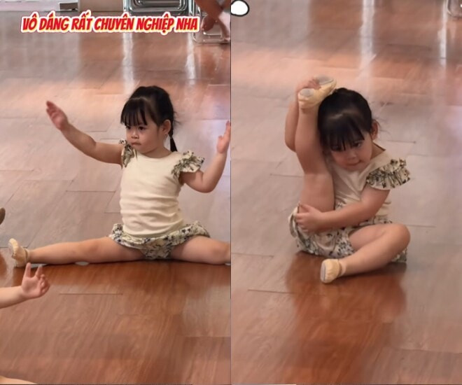 Con gái Hoa hậu Đỗ Mỹ Linh tập múa với thần thái nghiêm túc.