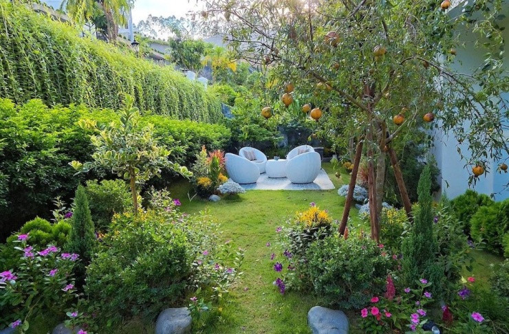 Theo vợ Mạnh Trường, biệt thự có 600m² khuôn viên biệt lập với thảm cỏ tự nhiên xanh mướt. Gia đình nam diễn viên trồng nhiều loại hoa và cây ăn quả thu hoạch theo mùa.