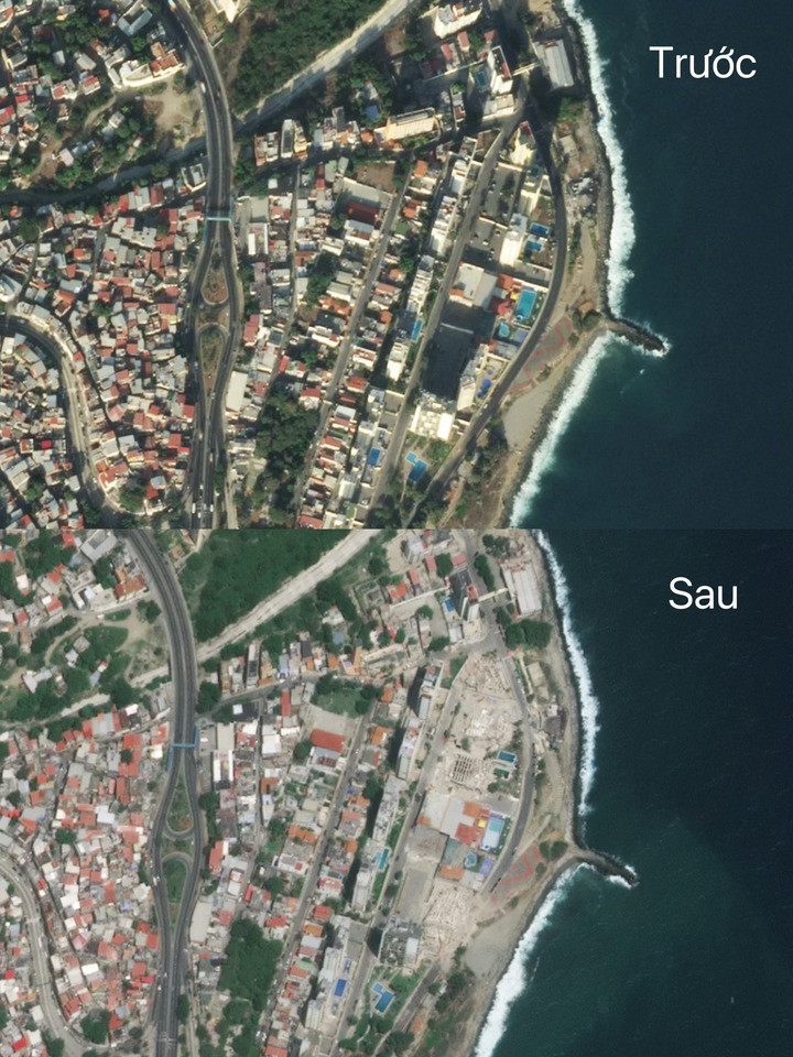 Thị trấn ven biển Macuto (Venezuela), trước và sau trận động đất. (Ảnh: Planet Labs PBC)