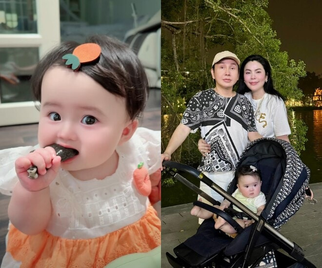 Hoa hậu Phương Lê tập cho con gái NSƯT Vũ Luân nếm thức ăn.