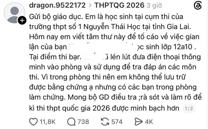 Bài đăng tố giác em N.T.T có dấu hiệu gian lận trong kỳ thi tốt nghiệp THPT 2026 được chia sẻ trên mạng xã hội.