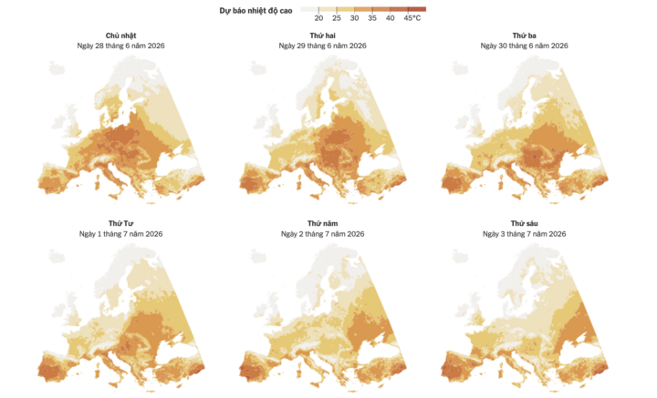 Bản đồ dự báo nhiệt độ trong 6 ngày tới ở châu Âu. (Nguồn: The New York Times)