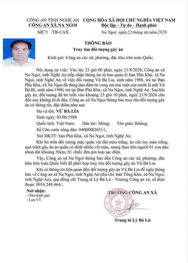 Công an xã Na Ngoi ra thông báo truy tìm đối tượng gây án. Ảnh: Công an cung cấp