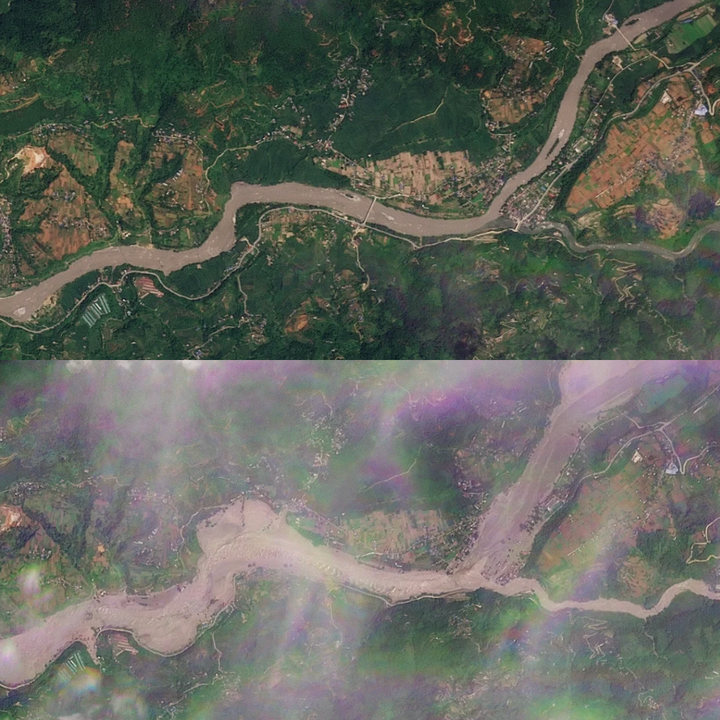 Hình ảnh trước và sau trận lũ lụt ở Devighat, Nepal - nơi nhà cửa và cầu cống bị cuốn trôi. (Ảnh: Planet Labs)