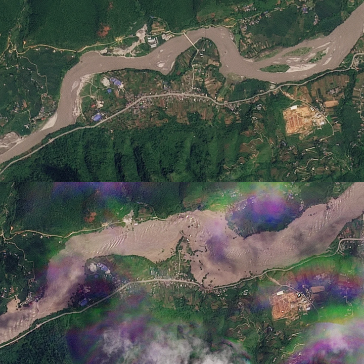 Sự thay đổi của con sông vào ngày 20/8 và 26/8 được nhìn thấy rõ ràng. (Ảnh: Planet Labs)