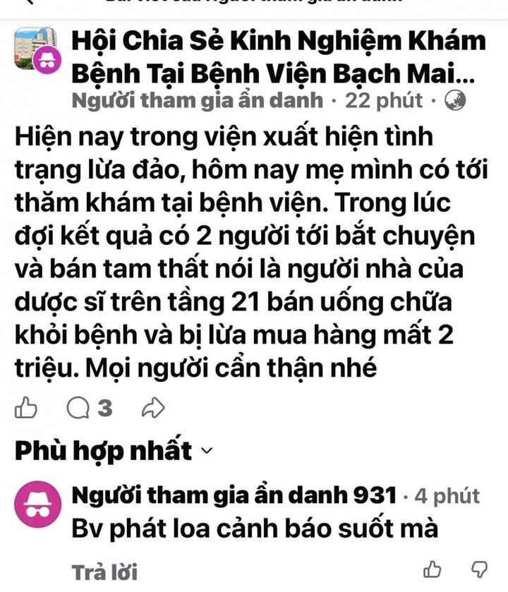 Bệnh viện Bạch Mai cảnh báo các đối tượng có thể mạo danh người nhà bác sĩ, dược sĩ để tiếp cận, bán dược liệu cho người bệnh. (Ảnh chụp màn hình)