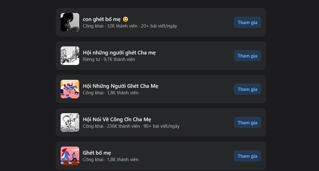 Chỉ cần gõ cụm từ “ghét cha mẹ” trên mạng xã hội, không khó để bắt gặp những hội nhóm mang tên rất trực diện như: “Hội những người ghét cha mẹ”, “Con ghét bố mẹ”...
