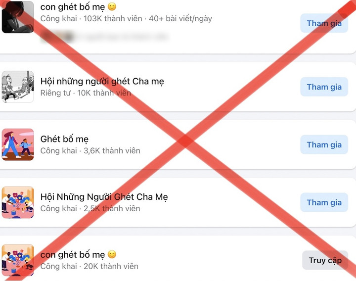 Các hội nhóm bất mãn với cha mẹ xuất hiện nhiều trên mạng xã hội. (Ảnh chụp màn hình)